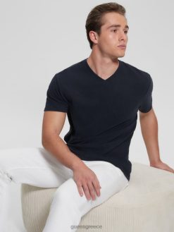 GUESS άνδρες οικολογικό μπλουζάκι από λινό με λαιμόκοψη smart blue multi ενδύματα J46DJ4038