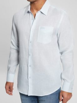 GUESS άνδρες eco island λινό πουκάμισο πολικό μπλε ενδύματα J46DJ3990