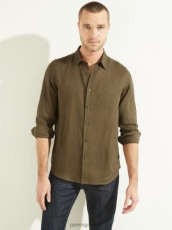 GUESS άνδρες eco island λινό πουκάμισο πράσινη καντίνα ενδύματα J46DJ4114