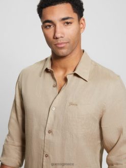GUESS άνδρες eco island λινό πουκάμισο φυσική Σιένα ενδύματα J46DJ3958