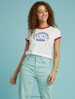 GUESS για άνδρες και γυναίκες φίλοι με σένα ringer tee καθαρό λευκό multi ενδύματα J46DJ1348