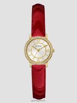 GUESS γυναίκες αναλογικό ρολόι από κρύσταλλο και κόκκινο δέρμα χρυσός αξεσουάρ J46DJ3634