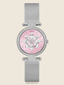 GUESS γυναίκες αναλογικό ρολόι με αφρώδες πλέγμα ασημί & ροζ αξεσουάρ J46DJ3596
