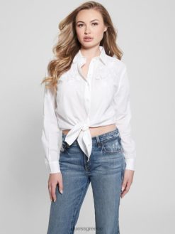 GUESS γυναίκες βαμβακερό πουκάμισο με κέντημα νάντια καθαρό λευκό ενδύματα J46DJ1165