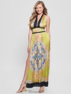 GUESS γυναίκες καπουτσίν μάξι φόρεμα μπαρόκ ασβέστη ενδύματα J46DJ416