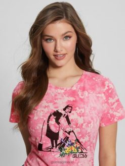 GUESS γυναίκες λουλούδι κορίτσι γραφικό μπλουζάκι πρωινό ροζ μούλτι ενδύματα J46DJ1171