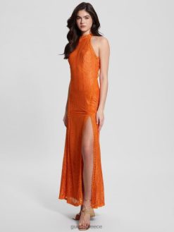 GUESS γυναίκες μάξι φόρεμα με δαντέλα ηλιοβασίλεμα πορτοκαλί λάσπη ενδύματα J46DJ380