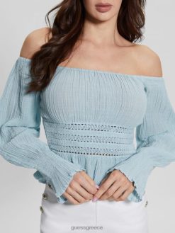 GUESS γυναίκες μπλουζάκι cassi off-the-shoulder ιδιότροπο μπλε ενδύματα J46DJ1238