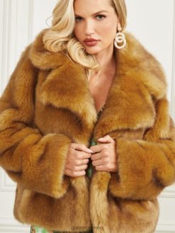 GUESS γυναίκες νέο μπουφάν gwenda από ψεύτικη γούνα καμήλα ενδύματα J46DJ1896