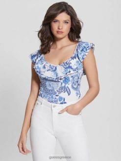 GUESS γυναίκες οικολογικό βολάν βερόνικα τοπ μπλε συλλεκτικά ενδύματα J46DJ1292