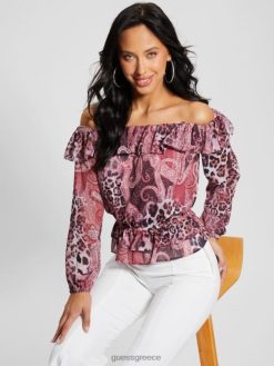 GUESS γυναίκες οικολογικό λουσί μπλουζάκι έξω από τους ώμους μωβ κασμίρ στάμπα ενδύματα J46DJ1046