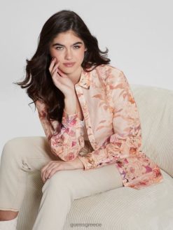 GUESS γυναίκες οικολογικό ροζ λινό τοπ ανακτημένος ρομαντισμός ενδύματα J46DJ1136