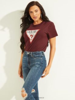 GUESS γυναίκες οικολογικό τρίγωνο λογότυπο μπλουζάκι μυστικιστικό κρασί ενδύματα J46DJ1704
