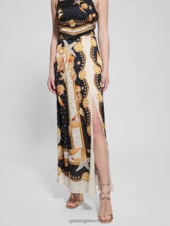 GUESS γυναίκες σατέν maxi φούστα dora τύπωμα μαύρου κοχυλιού ενδύματα J46DJ2026