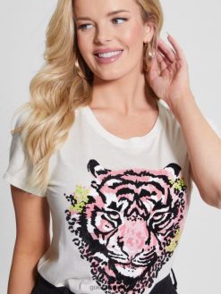 GUESS γυναίκες Τίγρη μπλουζάκι με στρας λευκή κρέμα ενδύματα J46DJ953