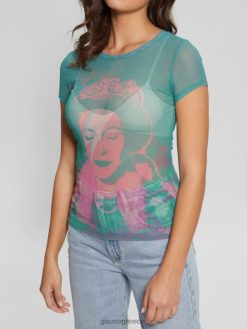 GUESS γυναίκες Eco queen γραφικό διχτυωτό μπλουζάκι καραϊβικό νερό πολυ ενδύματα J46DJ1118