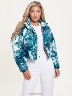 GUESS γυναίκες gabi cropped puffer jacket στάμπα γαλαζοπράσινου κήπου ενδύματα J46DJ1952