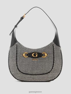 GUESS γυναίκες izzy raffia hobo bag μαύρο γυαλιστερό νικέλιο σακούλες J46DJ3044